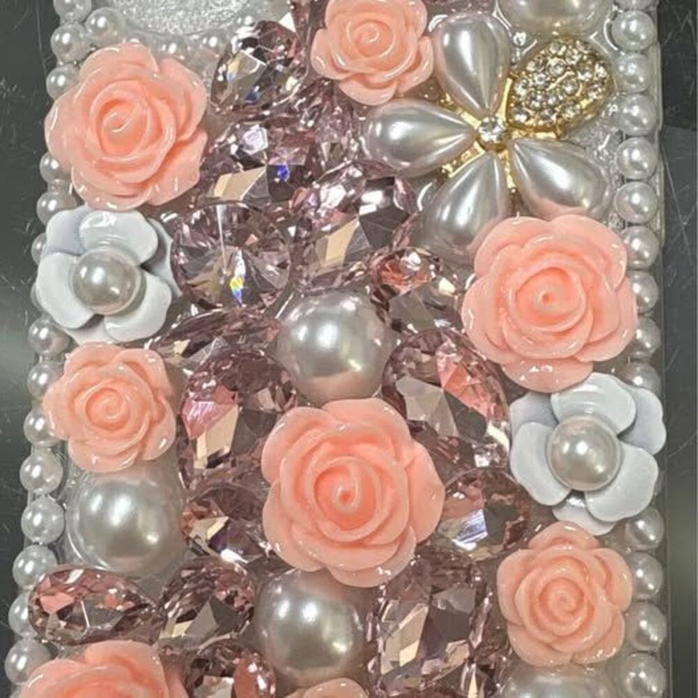 Pink Rose and Pearl Decoden Phone Case with Beaded Charm iPhone 17